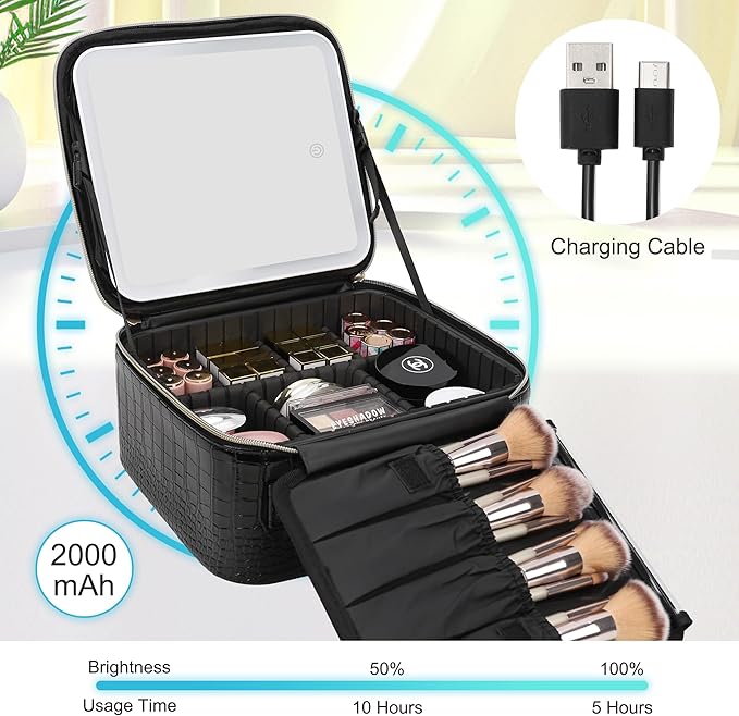 Relavel Makeup Train Case With LED Mirror, Professional Travel Cosmetic Bag - Image 5