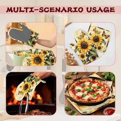 Vintage Sunflower Silicone Oven Mitts and Pot Holders, Butterfly Heat-Resistant - Image 6