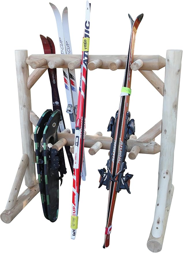 11-Place Freestanding Log Ski Rack Holder, Indoor & Outdoor Snowboard Racks by LogKayakRack