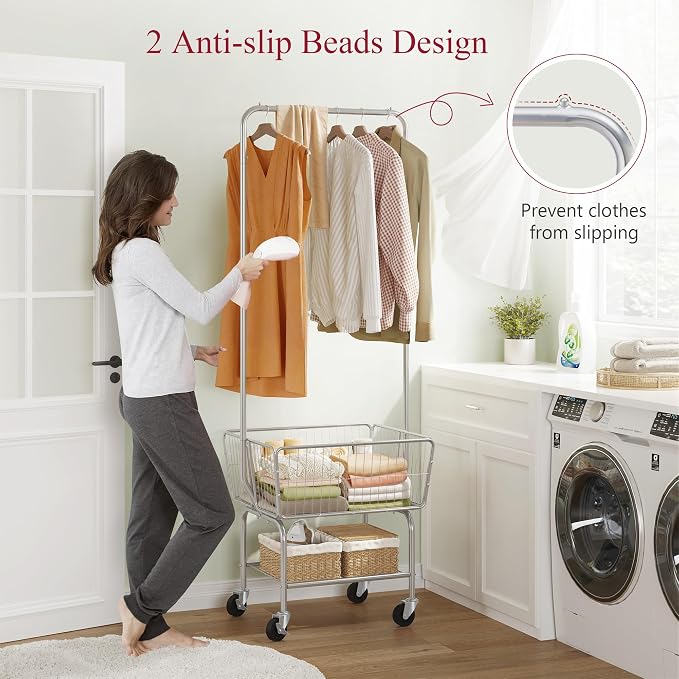 Tajsoon Laundry Cart with Hanging Rack, Metal Rolling Laundry Cart with Wheels - Image 4