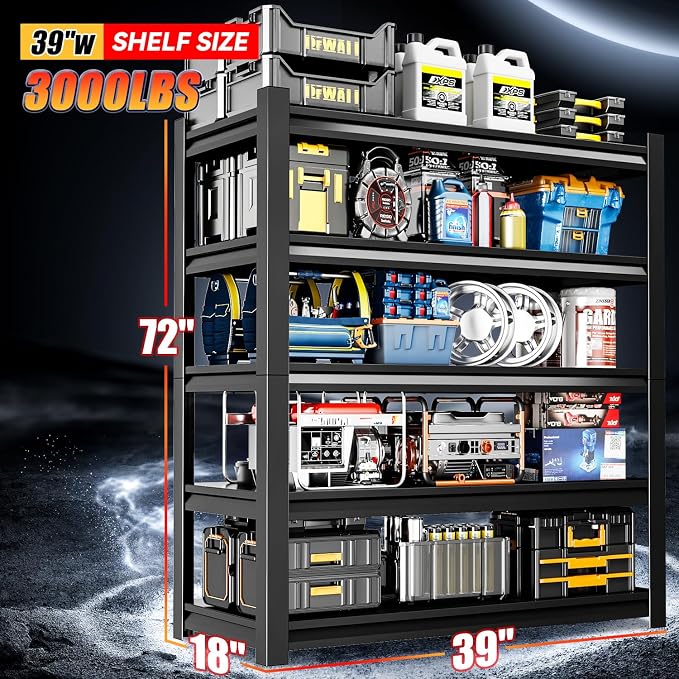 39" W Garage Shelving, 5-Tier Heavy Duty Shelving Unit, 3000LBS Adjustable - Image 6