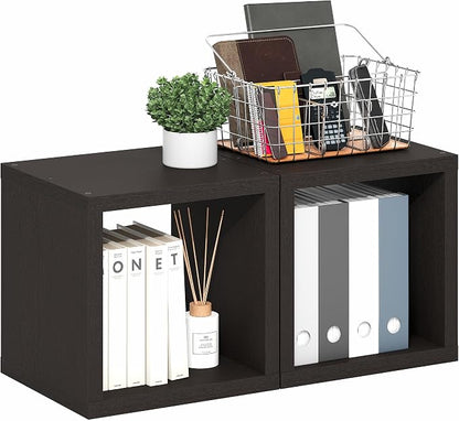 Furinno Cubicle Set of 2 Book Shelf, Stackable Bookshelf, Dark Oak | Cube - Image 6