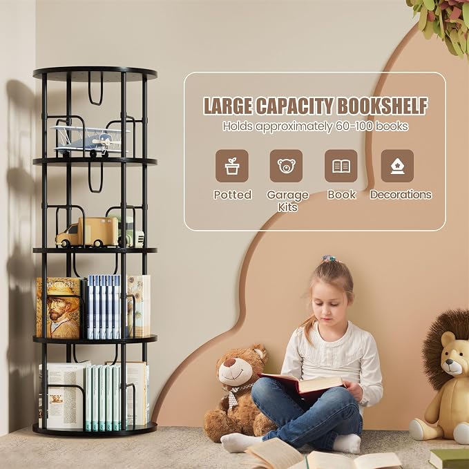 Flycity 4 Tier Rotating Bookshelf, 360° Corner Bookshelf Tower, Round Revolving - Image 6