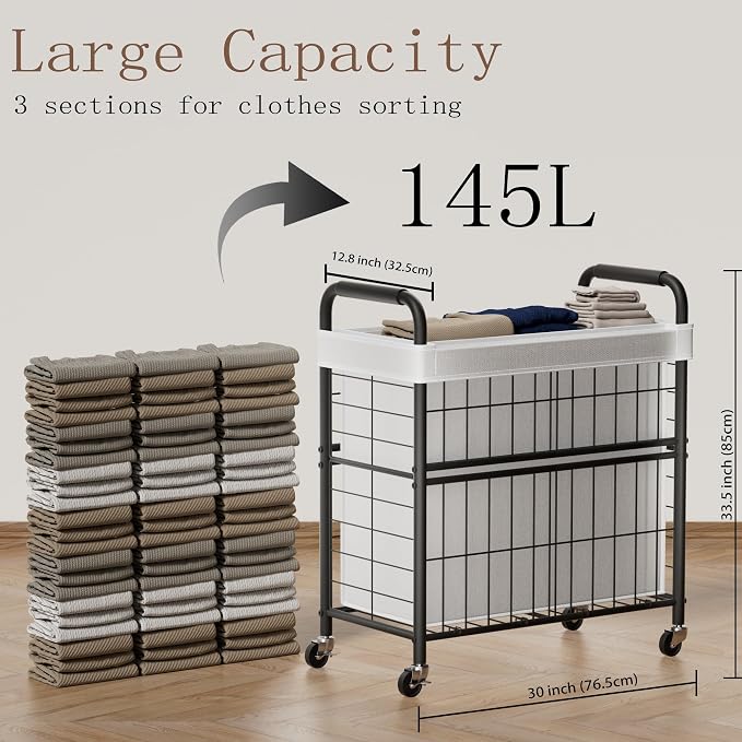 Laundry Hamper 3 Section, 145L Rolling Laundry Sorter Basket - Image 3