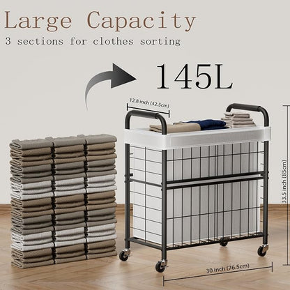 Laundry Hamper 3 Section, 145L Rolling Laundry Sorter Basket - Image 3