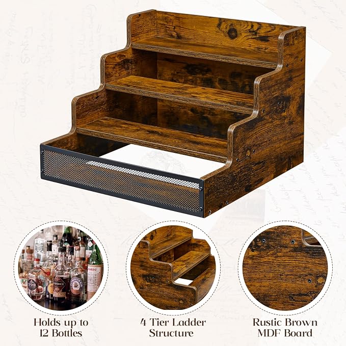 Yuzehuaza 4 Step Countertop Liquor Bottle Display Shelf, Wood Bar Shelves 16 - Image 6