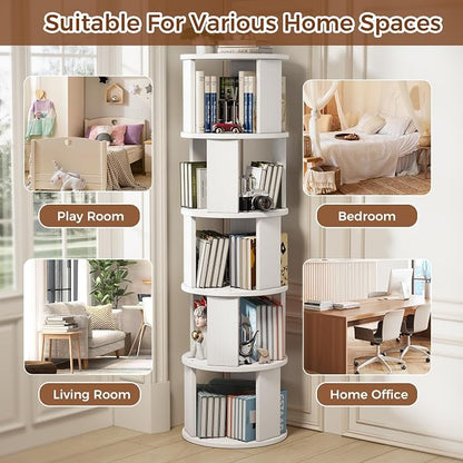 5 Tier Rotating Bookshelf Tower, 360° Display Round Bookcase, Floor Standing - Image 8