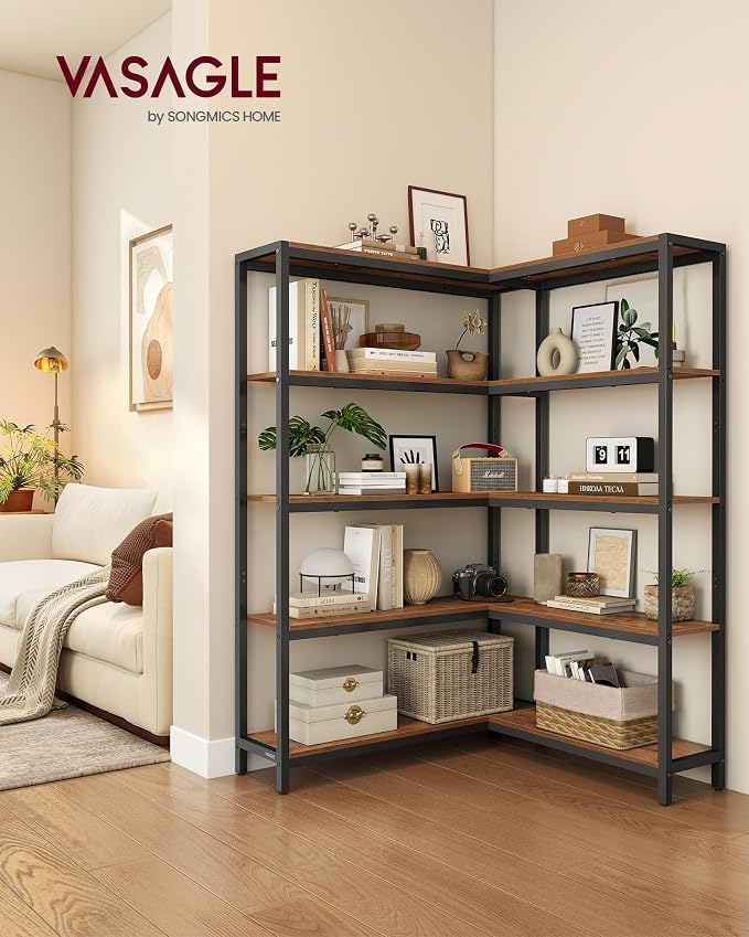 VASAGLE 5 Tier Bookshelf with Metal Frame, Convertible Industrial Corner Shelf - Image 2