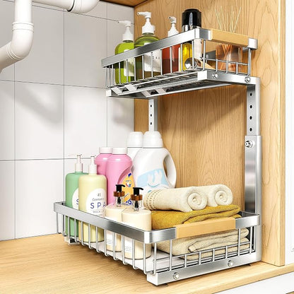 PXRACK Under Sink Organizer, Adjustable Height, 2 Tier Pull Out Cabinet by PXRACK