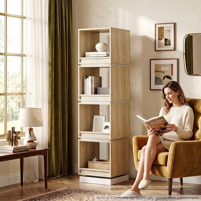 ModernMate 4-Tier Rotating Bookshelf Tower, 360° Spinning Wood Narrow Tall Book - Image 4