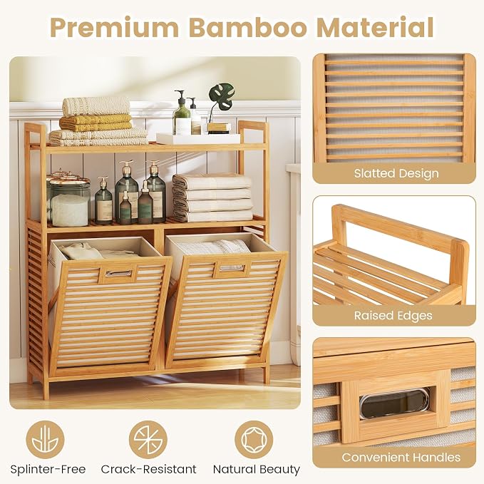 Giantex Double Tilt Out Laundry Hamper w/2-Tier Storage Shelf | 14 Gal Bamboo - Image 6
