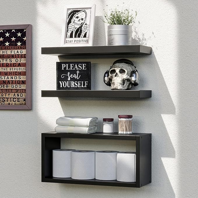 RICHER HOUSE 3-Set Black Floating Wall Shelves, Bathroom Shelf Over Toilet | by RicherHouse