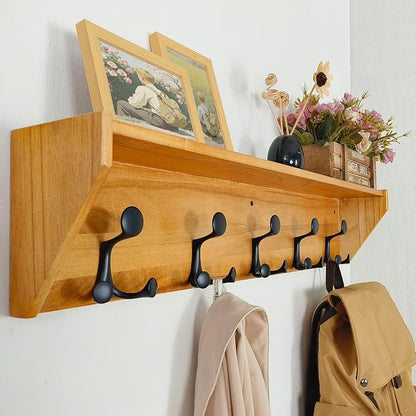 SKOLOO Wall Shelf with Hooks, 35-Inch Brown Coat Rack Wall Mount with Shelf by SKOLOO