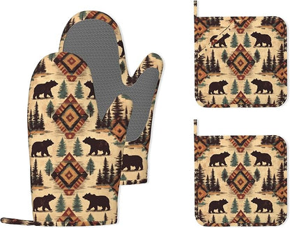 Tribal Bear Retro Geometric Silicone Oven Mitts and Pot Holders, Heat-Resistant by Unknown