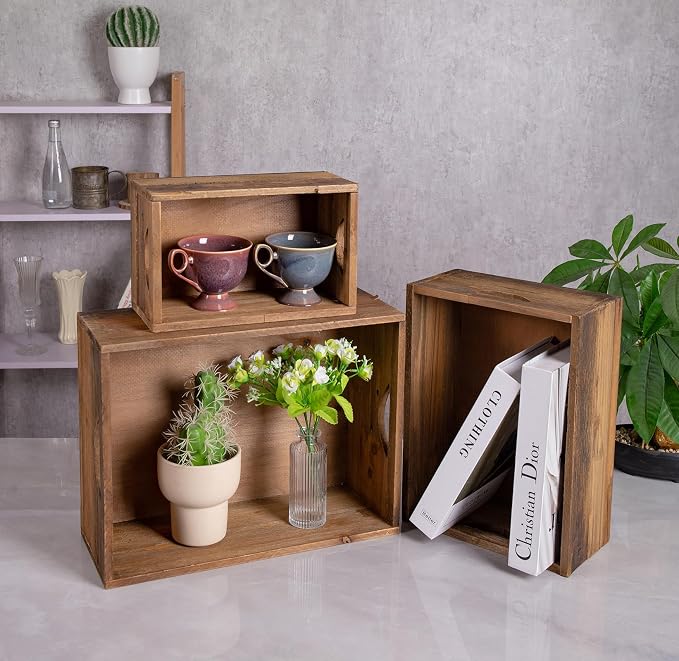 TIMRIS Set of 3 Rustic Distressed Wood Nesting Crates, Farmhouse Decorative - Image 3
