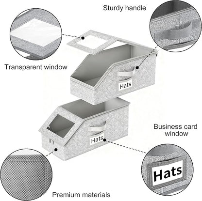 Space-Saving Hat Box with Clear Window Zipper Lid 2-Pack Stackable Closet Hat - Image 3