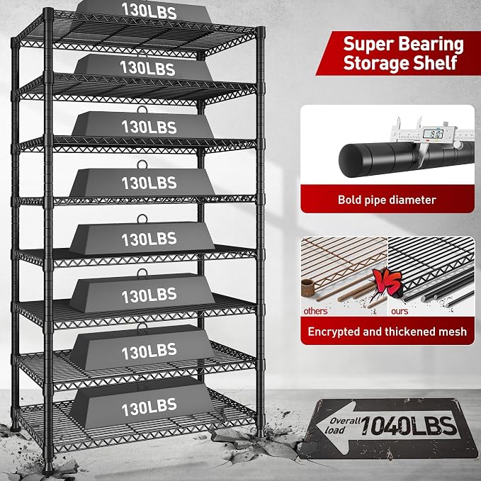 REIBII 8 Tier Metal Shelving 75"H Storage Shelves Tall Wire Shelving Unit - Image 7