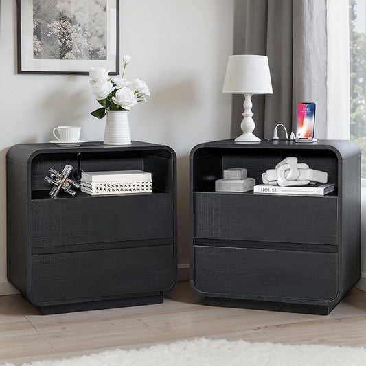 Black Nightstand Set of 2 with Charging Station, Modern Night Stand with 2 by StandifurnoFurniture