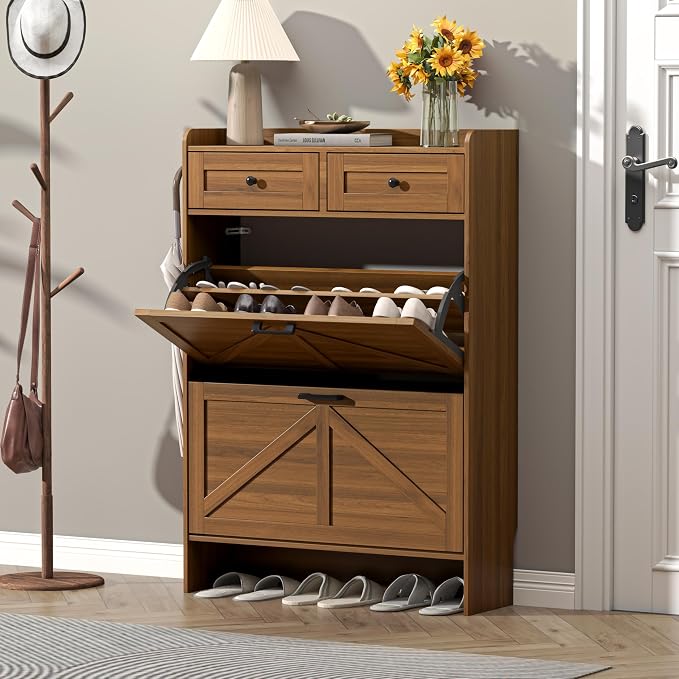 Thacuok Shoe Cabinet with 2 Flip Drawers & 2 Storage Drawers, Rustic Farmhouse by Thacuok