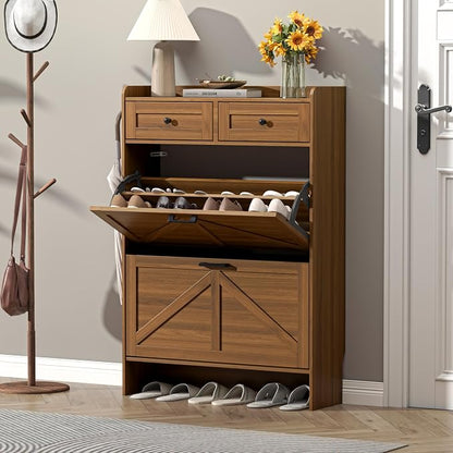 Thacuok Shoe Cabinet with 2 Flip Drawers & 2 Storage Drawers, Rustic Farmhouse by Thacuok