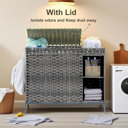 Laundry Hamper with Lid, 130L Rattan Laundry Hamper 3 Section with 50L Storage - Image 7