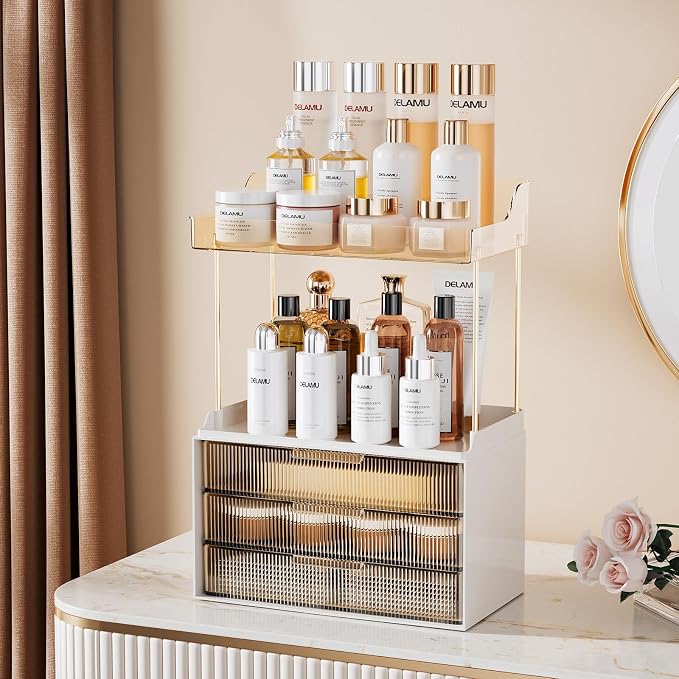 Delamu Bathroom Organizers and Storage, 2 Tier 3 Drawer Makeup Organizer - Image 3