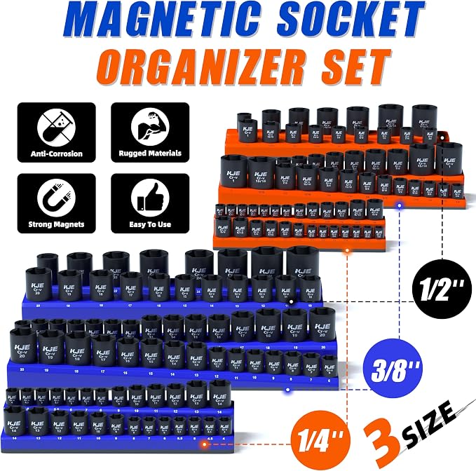 KJE Magnetic Socket Organizer Set 6 Piece, Magnetic Socket Holder Includes 1/4" - Image 2