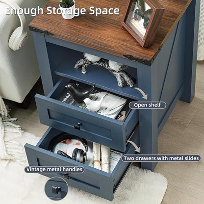 Nightstand with Charging Station, Farmhouse Night Stand with 2 Drawers and - Image 5