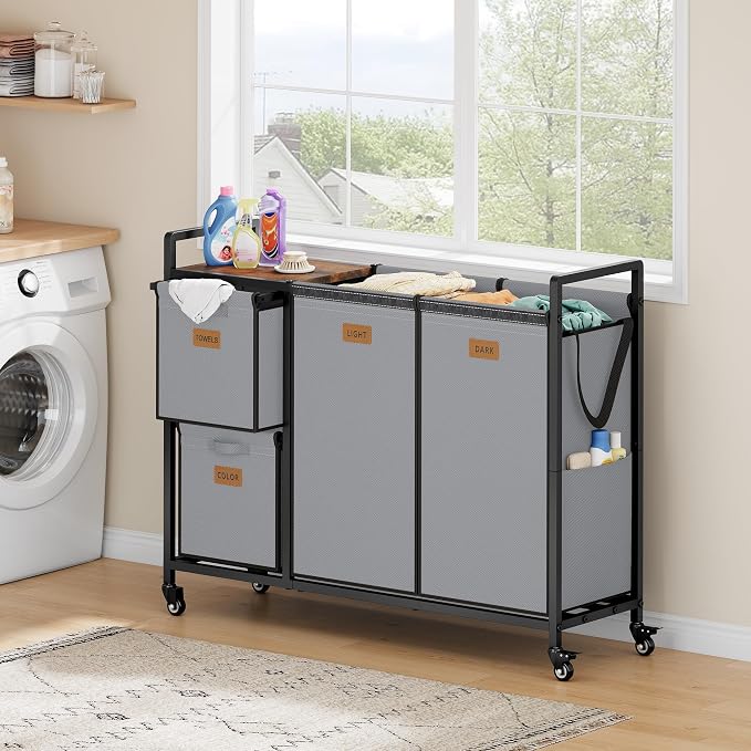 Hoctieon 4 Section Laundry Cart, 48 Gal. Laundry Hamper - Image 2