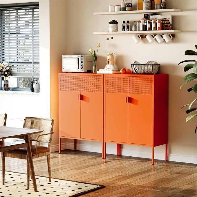 COFaR Orange Metal Storage Cabinet, 47”H Vibrant Coffee Bar & Buffet Sideboard - Image 4