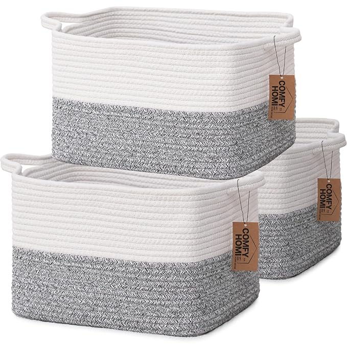 COMFY-HOMI 3-Pack Cotton Rope Woven Rectangular Basket by COMFY-HOMI