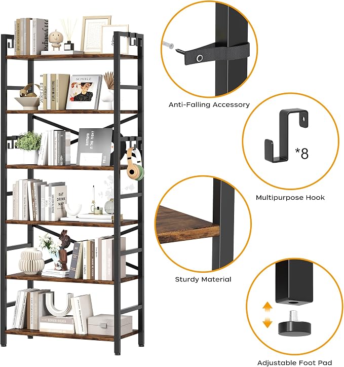 Homeiju 6 Tier Bookshelf, Industrial Bookcase - Image 4