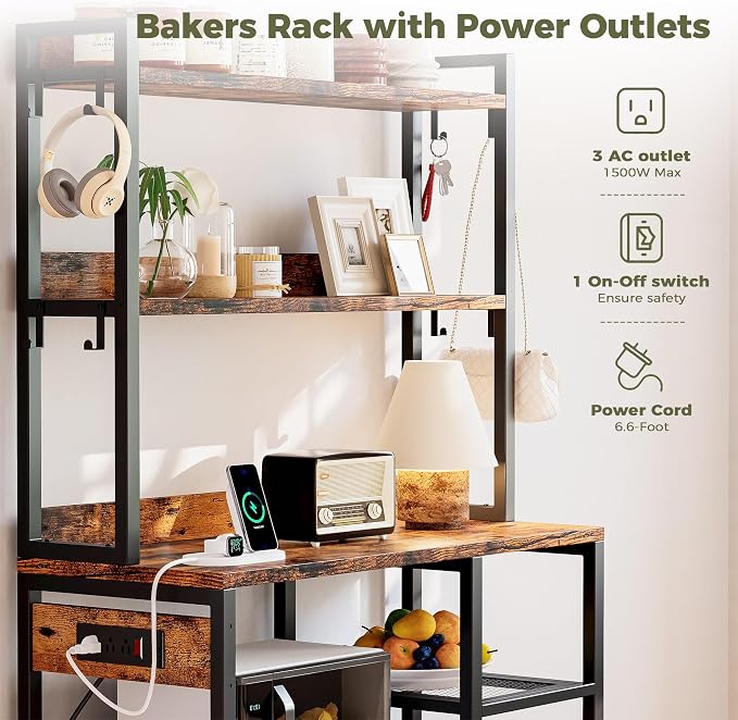 IRONCK Bakers Rack with Cabinet, Kitchen Bakers Rack with Power Outlets - Image 5