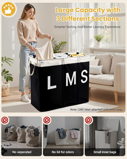 190L Laundry Hamper with Lid, Large Laundry Basket with Lid and 3 Section - Image 3