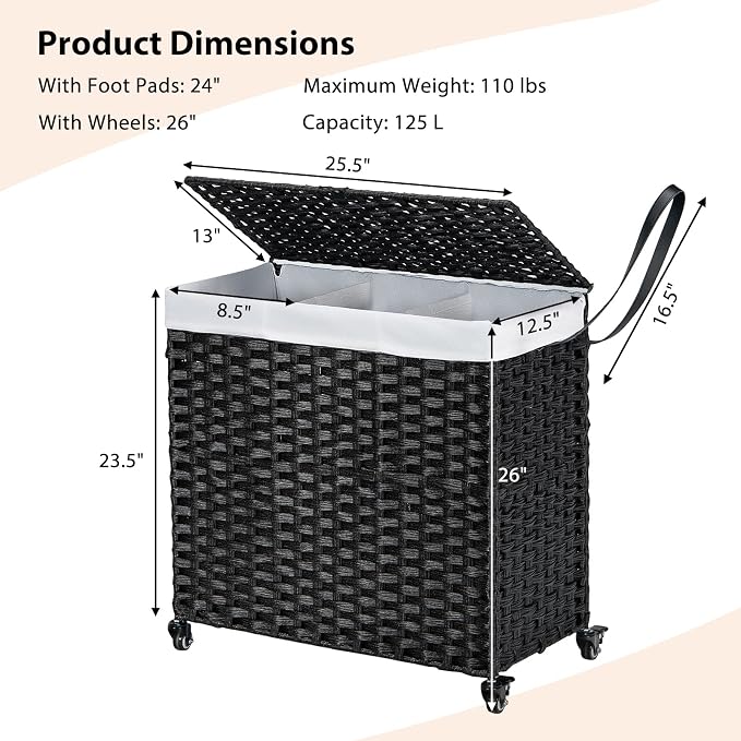 Giantex Laundry Hamper with Wheels and Lid, 125L Rattan Clothes Hamper with 2 - Image 7