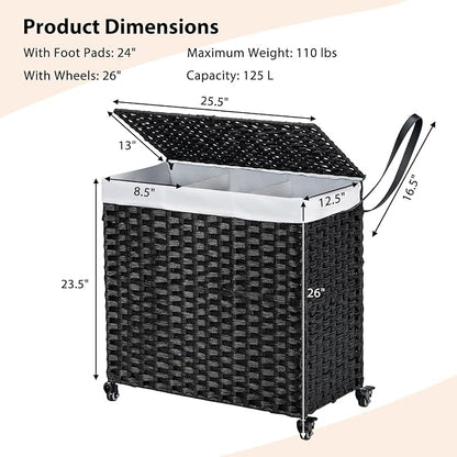Giantex Laundry Hamper with Wheels and Lid, 125L Rattan Clothes Hamper with 2 - Image 7