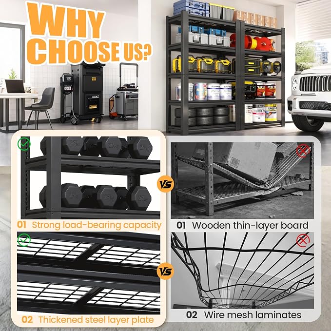 Heavy Duty Garage Shelving, Metal Storage Shelves, 5 Tier Adjustable Storage - Image 3