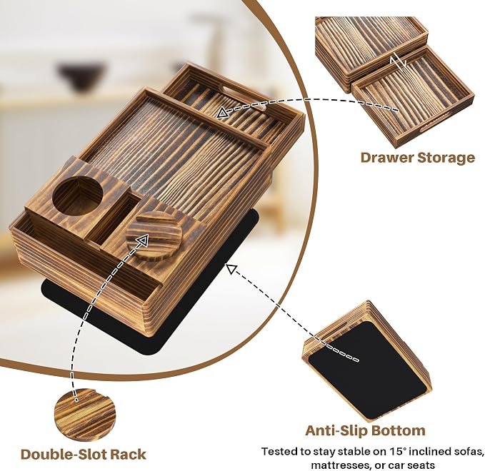 Vintage Wood Couch Cup Holder, 7-in-1 Couch Caddy Tray, Sofa Side Table - Image 6