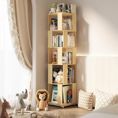 68-Inch 5 Tier Solid Wood Rotating Bookshelf Tower on Wheels, 360° Upgrade - Image 8