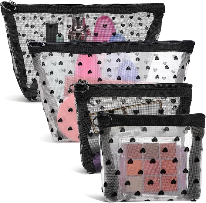 4 PCS Heart Printed Mesh Makeup Bag Set by Unknown