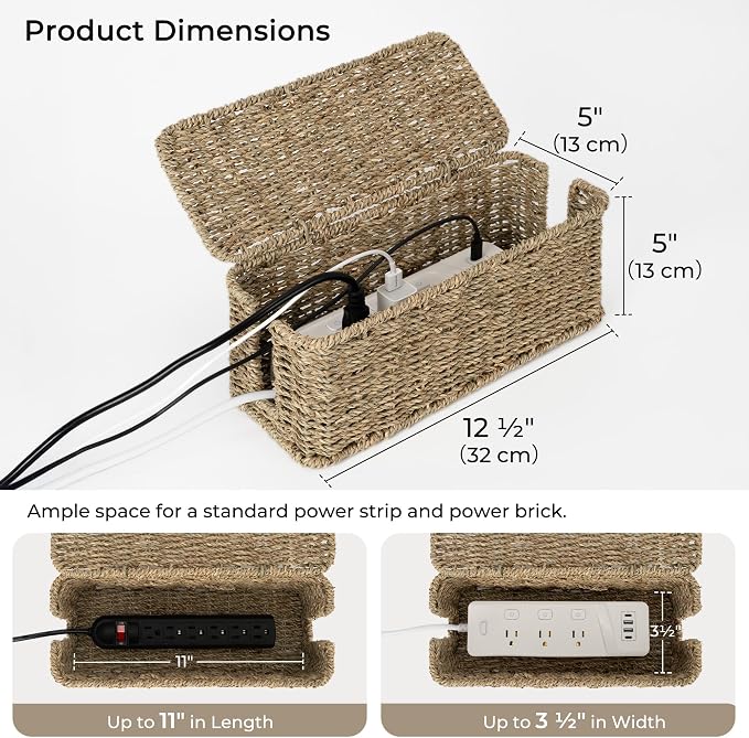 StorageWorks Cable Management Box, 2 Slots Wicker Cable Organizer to Hide Cords - Image 2