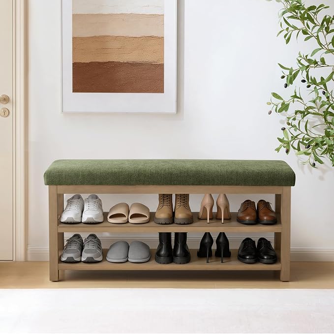 Zihanhome Shoe Rack Bench with Cushion, 2 Tier Solid Wood Storage Bench by Zihanhome