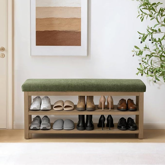 Zihanhome Shoe Rack Bench with Cushion, 2 Tier Solid Wood Storage Bench by Zihanhome