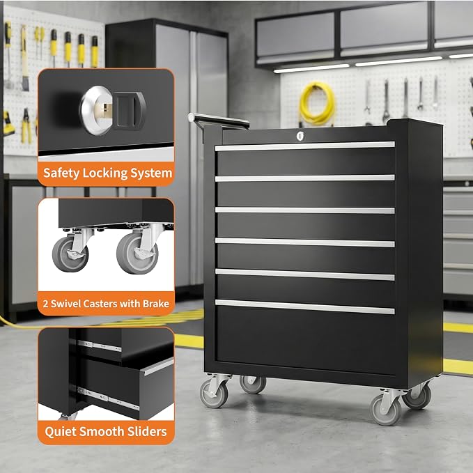 Rolling Tool Box with Wheels – 6 Drawer Heavy Duty Tool Chest Cabinet, Lockable - Image 5