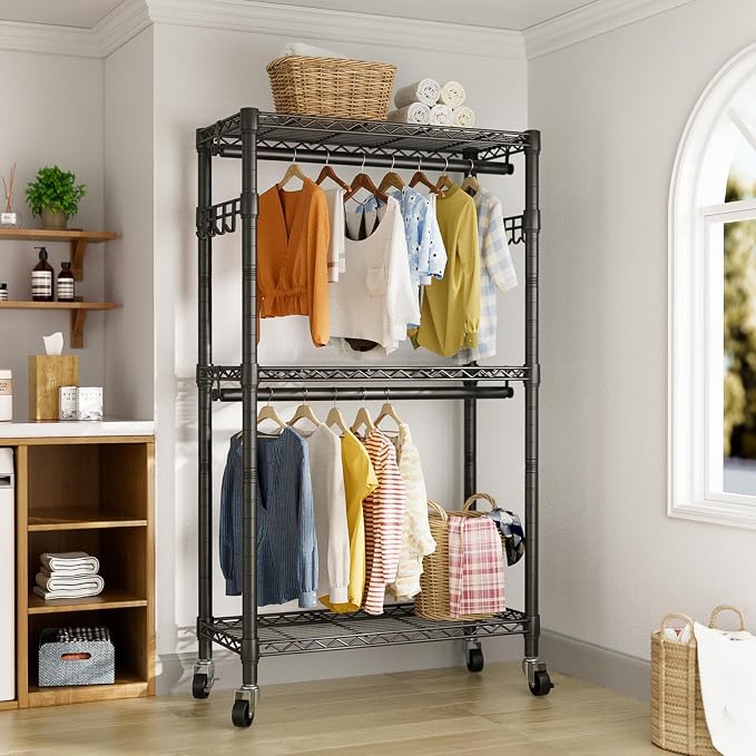 Heavy Duty Clothes Rack Rolling Garment Rack, 3 Tier Adjustable Wire Shelving - Image 3