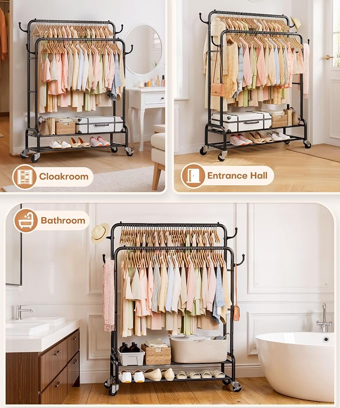 Homde Heavy Duty Clothes Rack: 265lb Rolling Double Rod Garment Hanging - Image 8