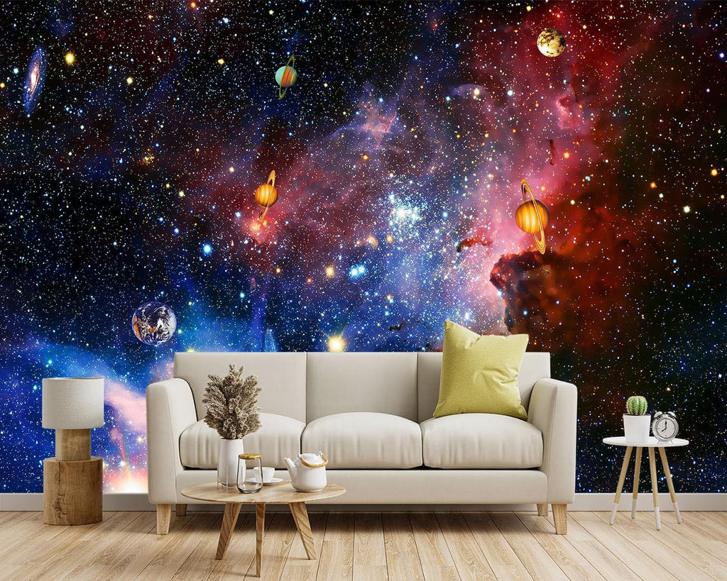 -Galaxy Universe Planet Ceiling Fabric Wallpaper Boys Girls Nursery Starry Sky Children Bedroom Bathroom Large Mural- 160"x108"（ not Peel and Stick）