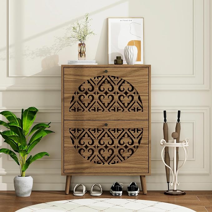6.7"Ultra-Slim Concealed Shoe Storage Cabinet 2 Flip Drawers Walnut | by YHFEXYT