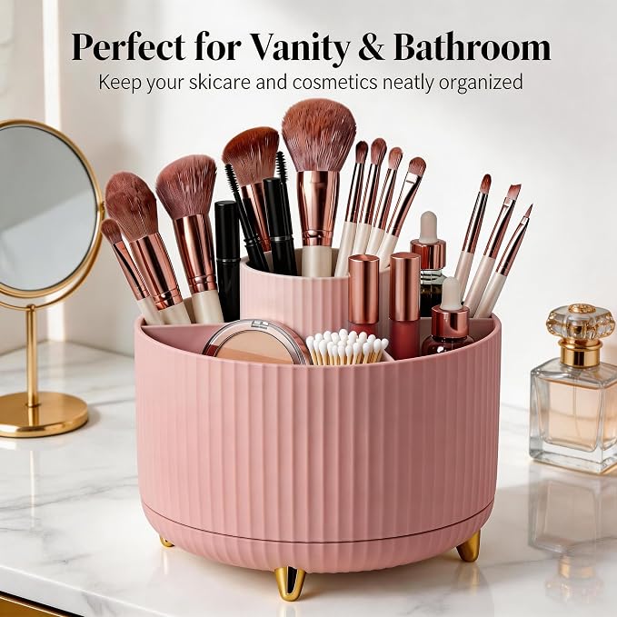 360 Rotating Makeup Brush Holder Organizer, 5-Slot Pink Spinning Cup - Image 5