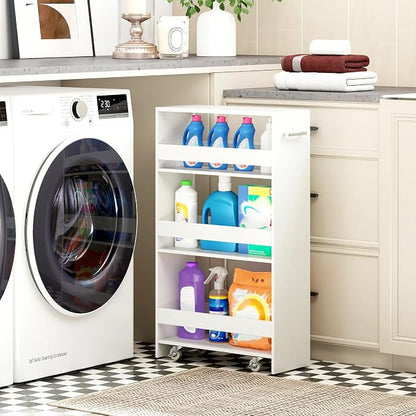 Small Kitchen Cart, 4-Tier Slim Rolling Island w/Handle, Laundry Room Storage - Image 9